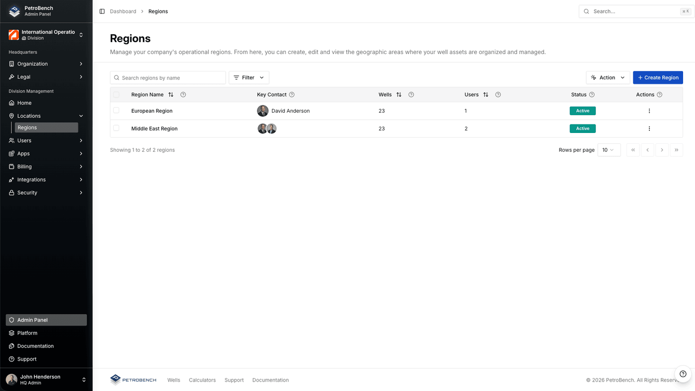 Region & Division Management Interface