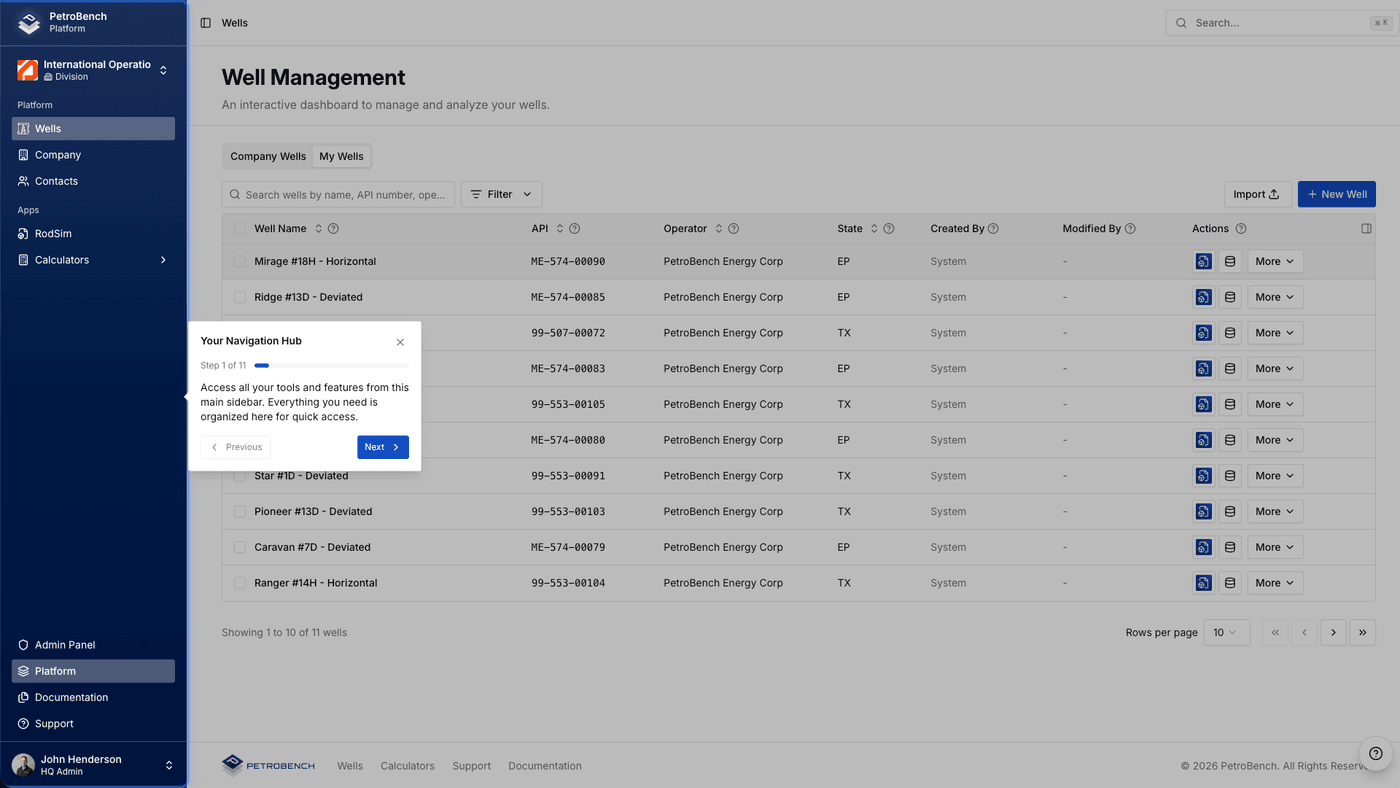 Navigation hub tour with contextual tooltip